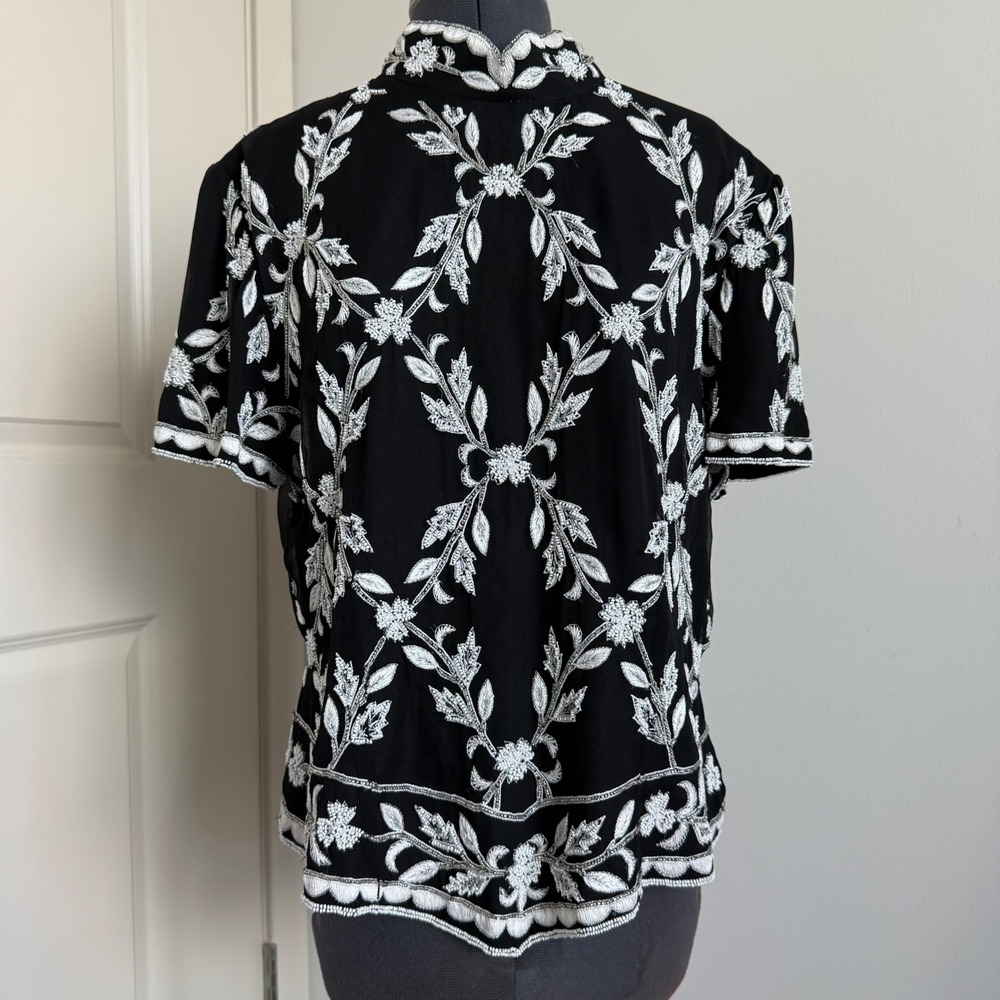 Vintage 90s Silk Beaded High Neck Embellished Short Sleeve Top